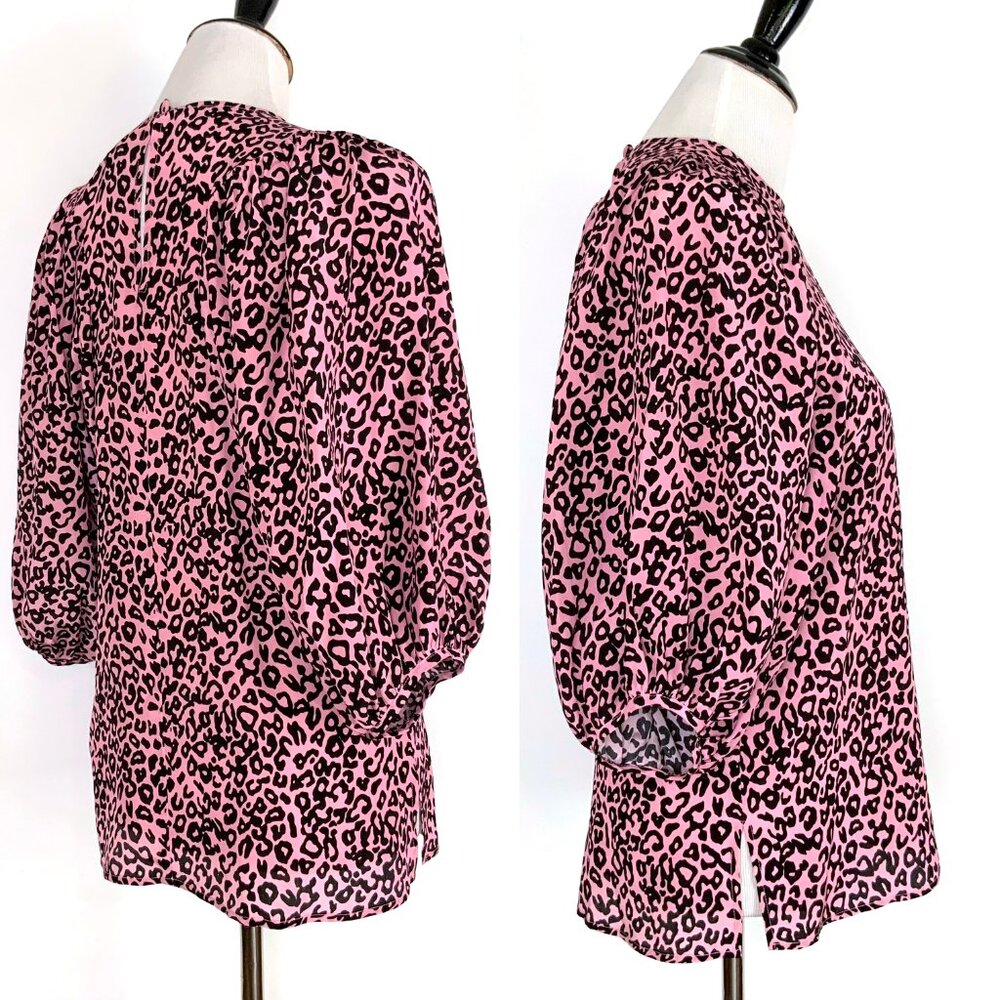 New Les Reveries Silk Balloon Sleeve Animal Leopard Print Blouse Pink Size 4 - Picture 11 of 16